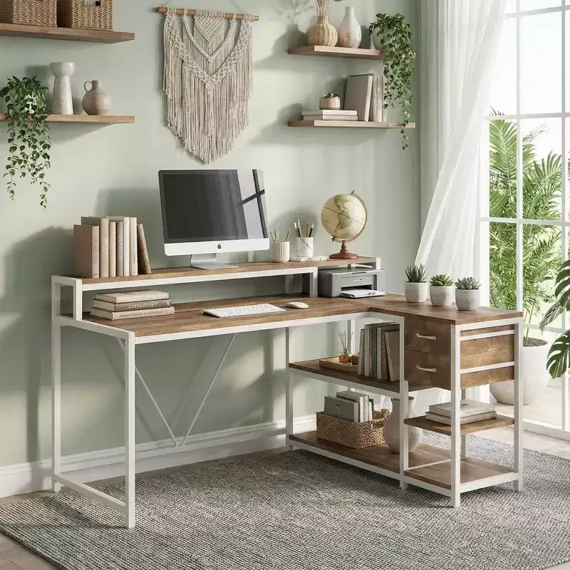 L-Shaped Corner Desk with Monitor Stand, Drawers & Storage Shelves