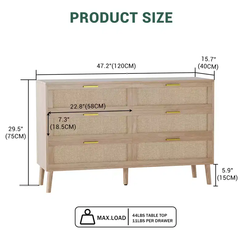 6-Drawer Rattan Dresser with Gold Metal Handles,Farmhouse Chest with 5 Sturdy Legs for Bedroom, Living Room, Hallway & Entryway