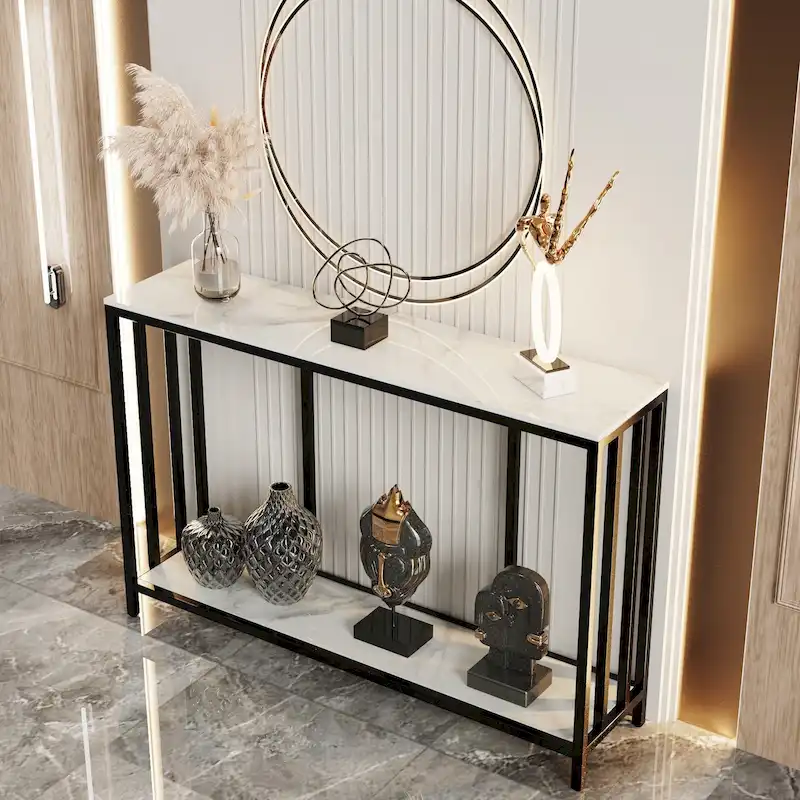 Sintered Stone Console Table with Black Metal Frame – 2 Tier, 47.2x11.8x30.7 inch
