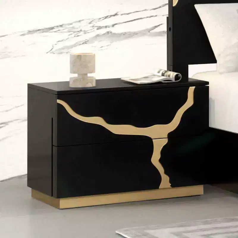 28-inch Modern Single Nightstand, Gold Lacquer Pattern, French and English Dovetail Drawers, Black and Gold