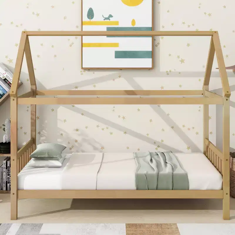 Twin Rubber Wood Bed with House Frame Beige