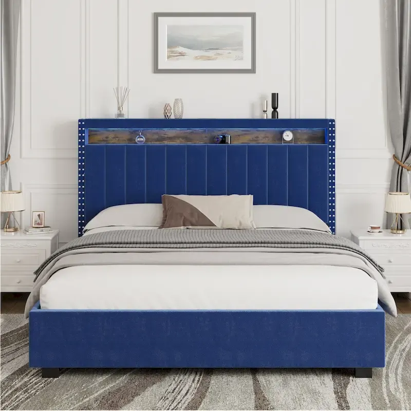 Queen Size Gas Lift Storage Bed with RF LED Lights, Storage Headboard, Queen Size Velvet