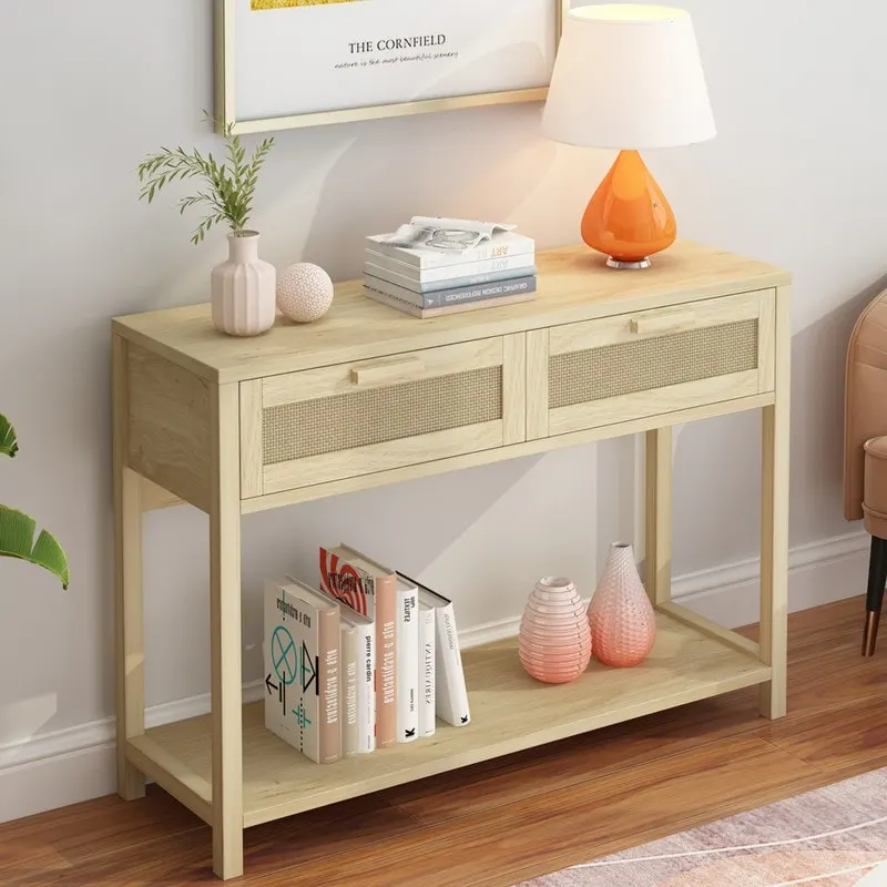 39.4 Rattan Console Table with 2 Drawers Entryway Table