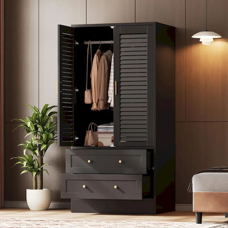 Wardrobe Armoire Closet with 2 Shutter Doors, White Wardrobe with Hanging Rods and 2 Drawers, Modern Bedroom Armoire