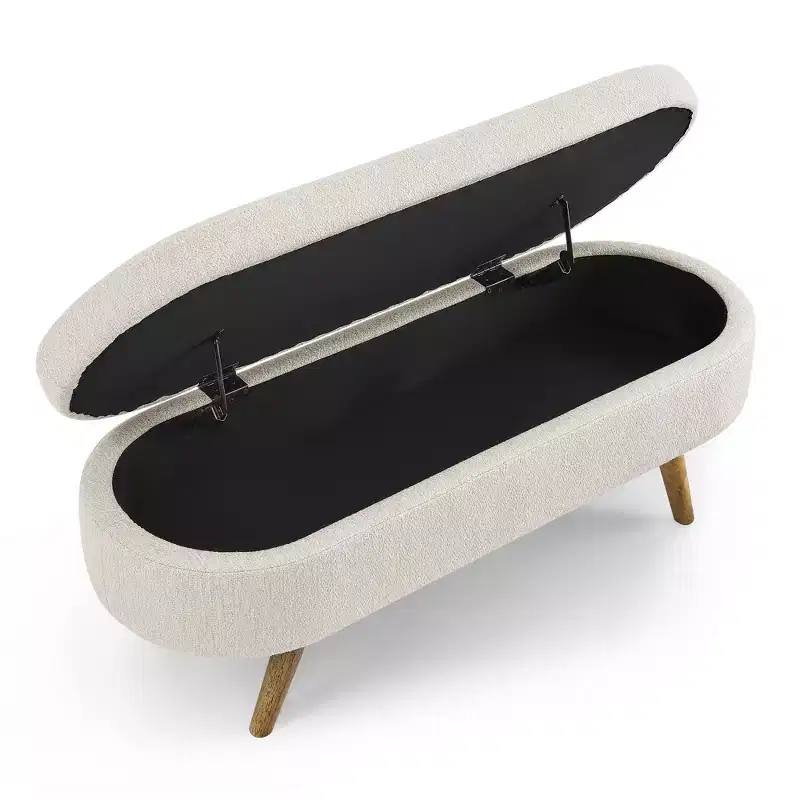 44 Modern Storage Bench with Linen Upholstered Oval Footstool End of Bed Bench with Wood Legs Entryway Bench for Bedroom, Living Room