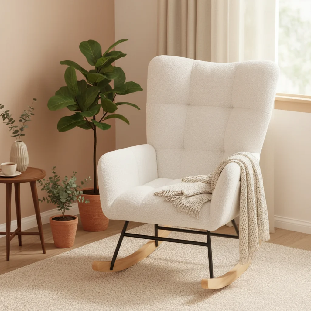 Nursery Rocking Chair with High Backrest, Armrests and Side Pocket