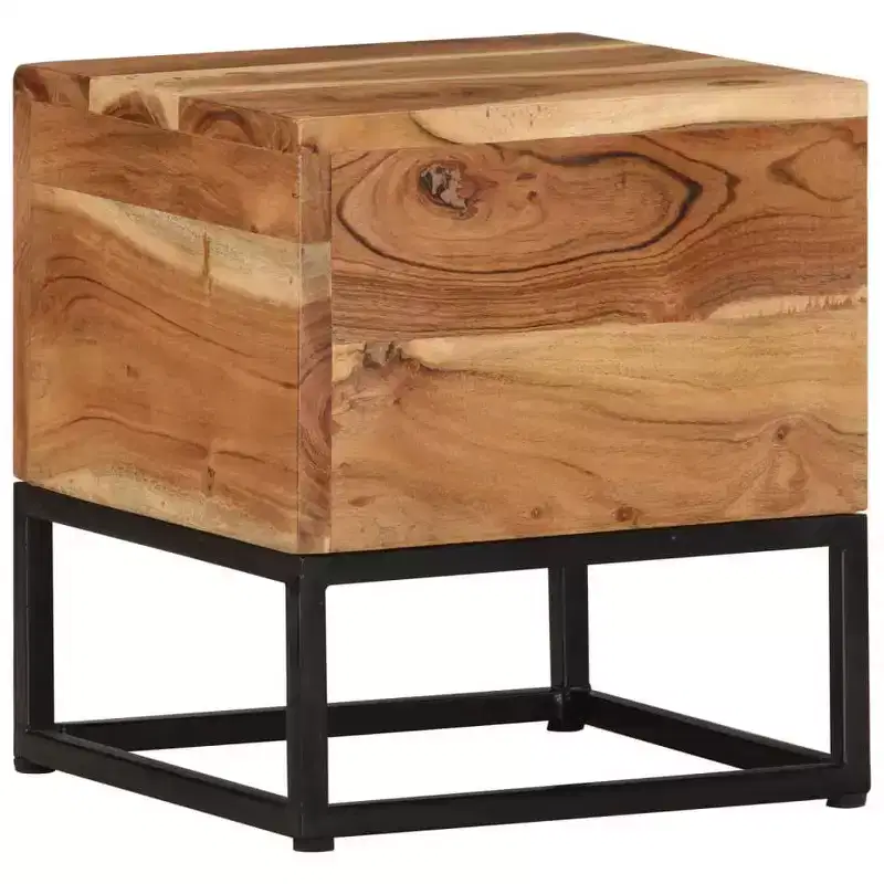 Solid Acacia Wood Side Table with Black Iron Base, 11.8
