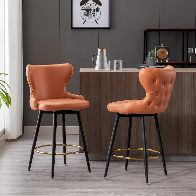 Set of 2 Counter Height Swivel Bar Stools, Orange / Light Grey / Dark Grey / Beige