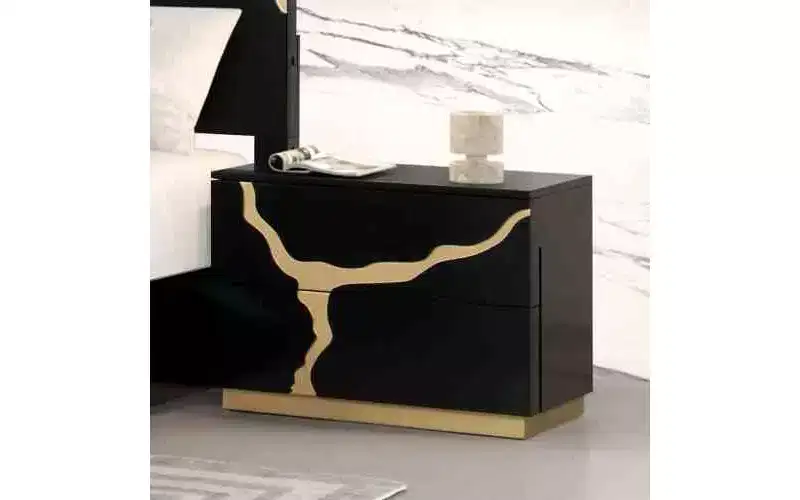 28-inch Modern Single Nightstand, Gold Lacquer Pattern, French and English Dovetail Drawers, Black and Gold
