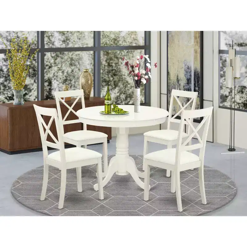 HomeStock 5 Pc Kitchen table set with a Dining Table and 4 Faux Leather Chairs in Linen White
