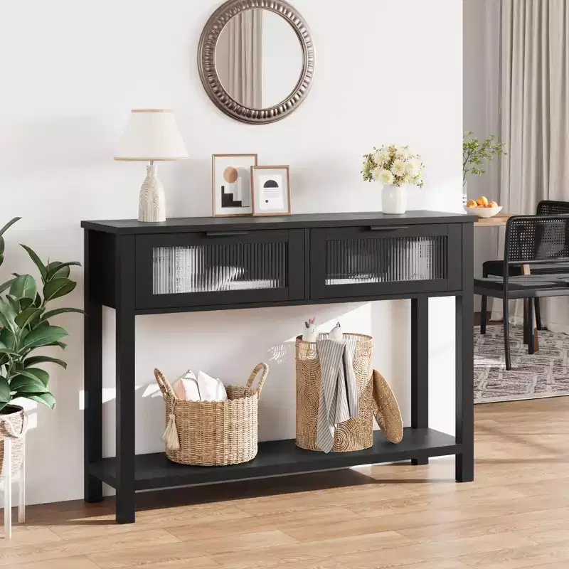 Rustic 2-Tier Wood Console Table with Dual Glass Drawers & Open Storage Shelf, Narrow Sofa Side Table for Entryway, Hallway, Living Room