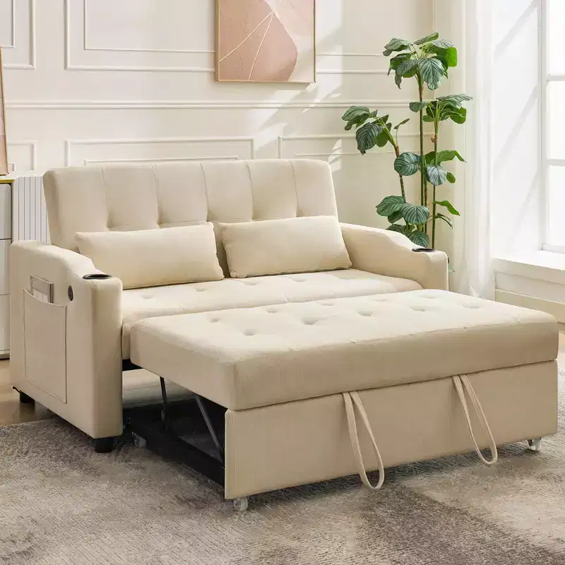 3 in 1 Convertible Sleeper Sofa Bed, Modern Upholstered Sofa, Corduroy Sleeper Loveseat with Pull-Out Bed, Adjustable Backrest, for Living Room
