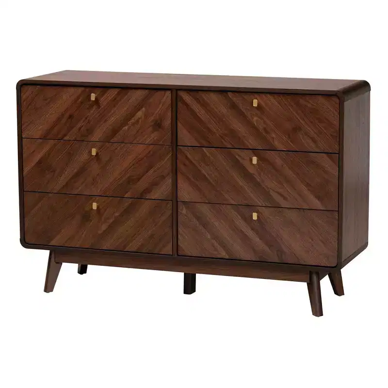Wood 6 Drawer Dresser Walnut Brown/Gold: Mid-Century Storage, Metal Pulls