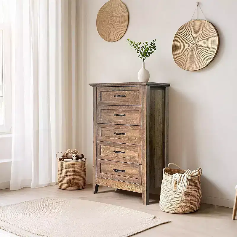 Acekool 5 Drawer Dresser, Farmhouse Tall Chest with Metal Handles, Modern Wooden Organizer for Bedroom, Living Room, Entryway