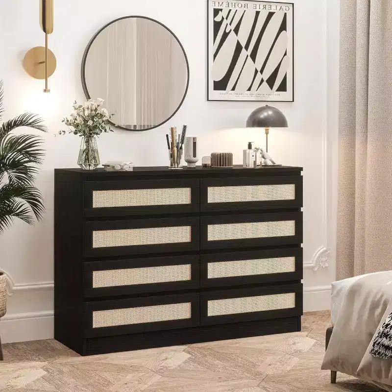 CuisinSmart 8 Drawer Dresser, Modern Rattan Double Dresser, Wood Chest of Drawers for Bedroom, TV Stand Dresser Accent Furniture