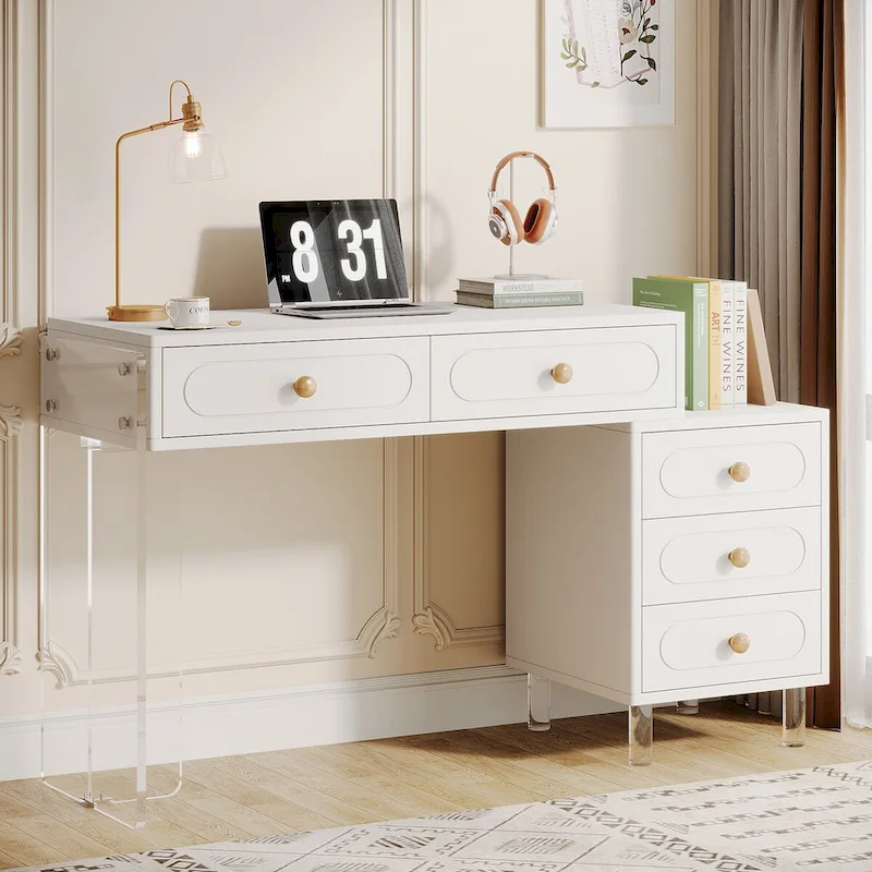 White 5-Drawer Computer Writing Desk with Acrylic Base for Home Office