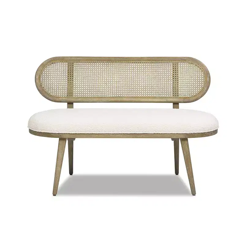 Havana 42 Cane Rattan Upholstered Bench Settee, Ivory White Boucle