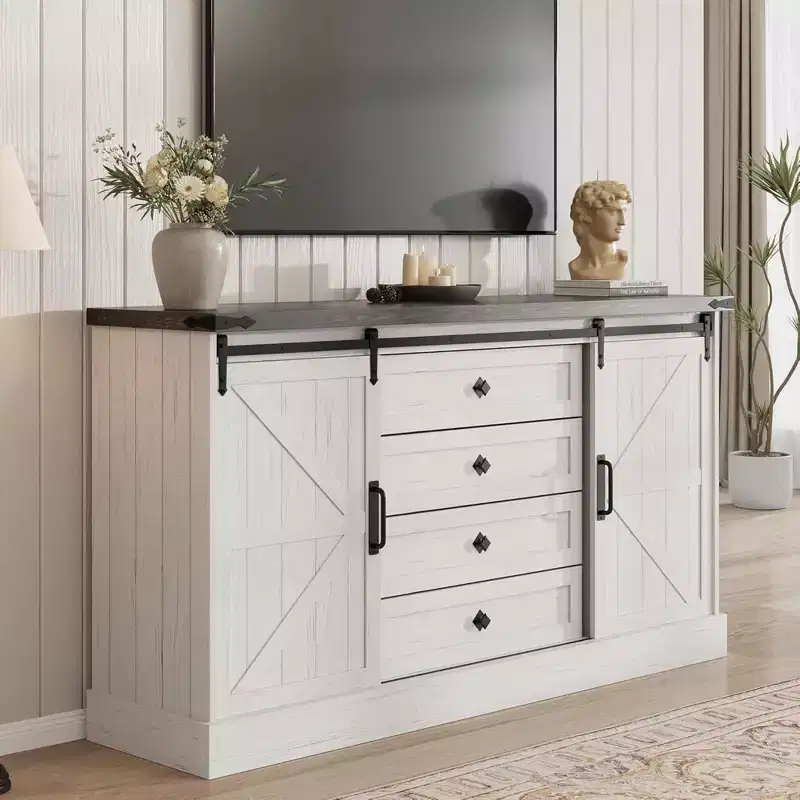 4 Drawer Dresser for Bedroom, 59 Farmhouse Wood Dressers with Sliding Barn Doors & Large Drawers