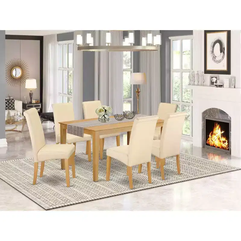 7-Pc Natural Oak Finish Solid Wood Top Dining Table with 6 Parson Chairs