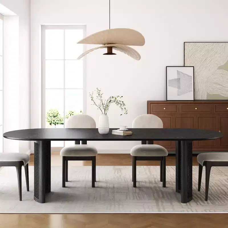 PexFix 79 Oval Dining Table for 6-8 with Arc-Shaped Edge Top and Rattan Woven Base Modern Farmhouse Kitchen Table for Living Room Dining Room Black
