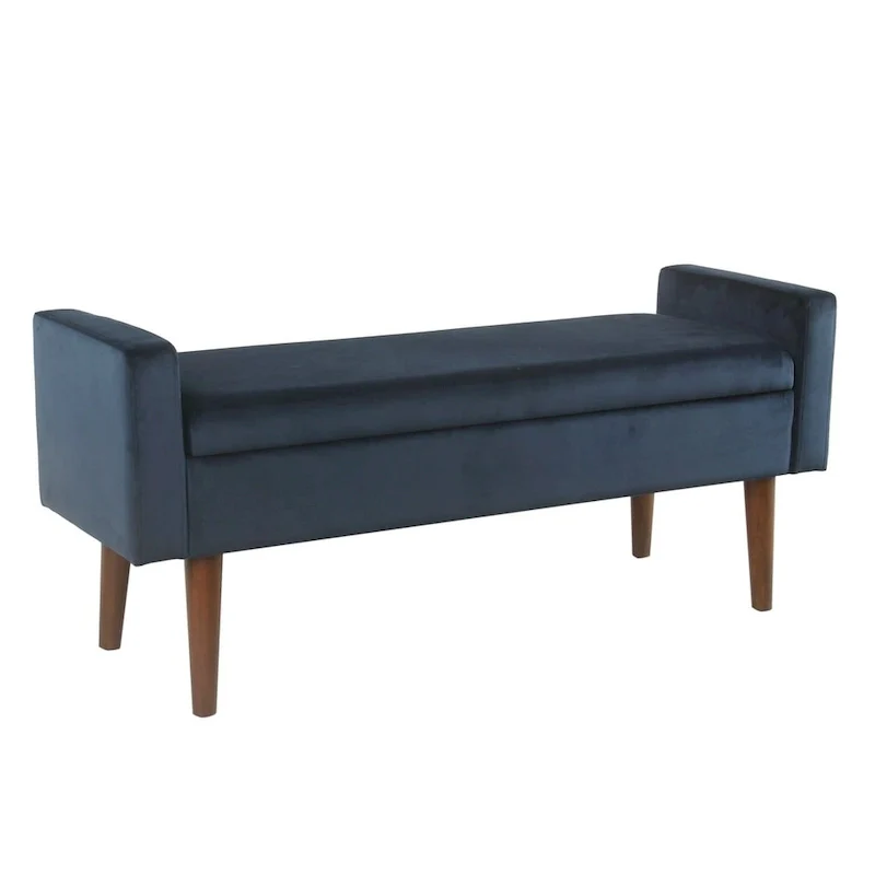 Mid-Century Velvet Storage Bench with Hinged Lid & Walnut Legs, 48