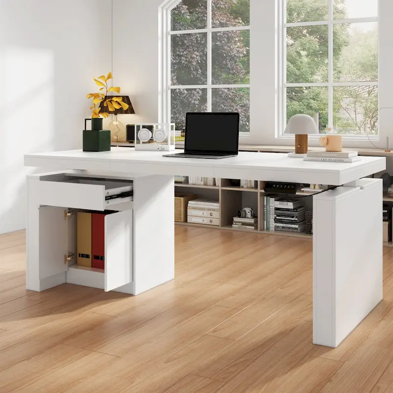 White Height-Adjustable Desk with Side Cabinet, 70.9