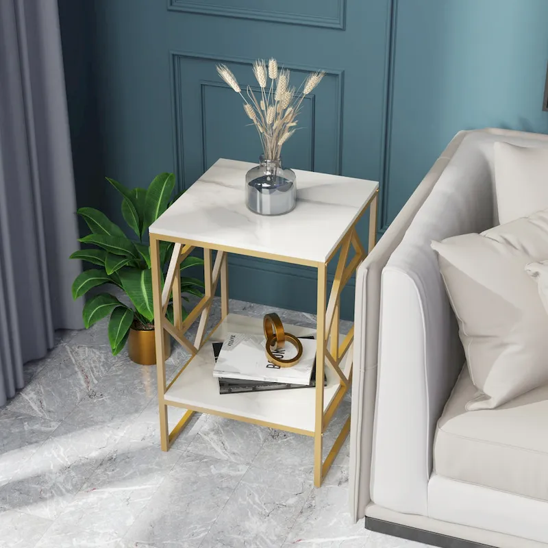 Sintered Stone End Coffee Table 2 Tier Side Table With Storage Shelf - 15.75x15.75x22.83 inch