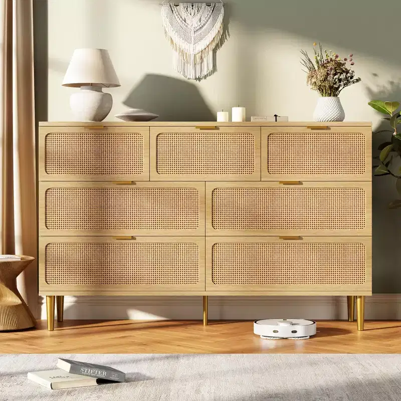 Rattan 7-Drawer Dresser for Bedroom - 53.9 Wooden Chest of Drawers w/Metal Handles, Multi-Functional TV Stand & Storage Organizer