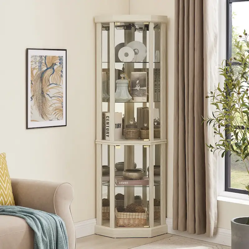 Corner Glass Cabinet Lighted Curio Cabinet Corner Display Case, Antique collection, Wine, Bar Glass Storage Light Included