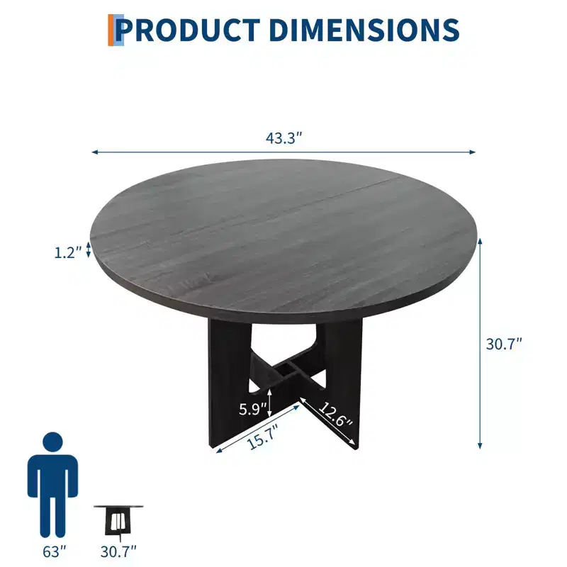 Round Dining Table for 4, 43.3 Inches Farmhouse Dining Table with Pedestal Base, Circle Kitchen Tables for Dining Room