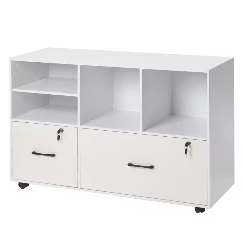 2 Drawer Wooden File Cabinet, Mobile Filing Cabinet with Open Shelves, Lockable Lateral Rolling File Storage with Adjustable Shelves, White
