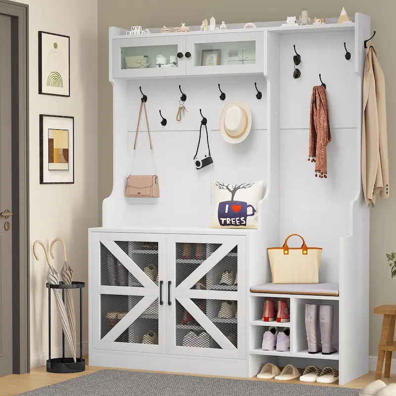 Moasis 77.9 Farmhouse Hall Tree Entryway Bench - 59 Lx 15.7W x 77.9H