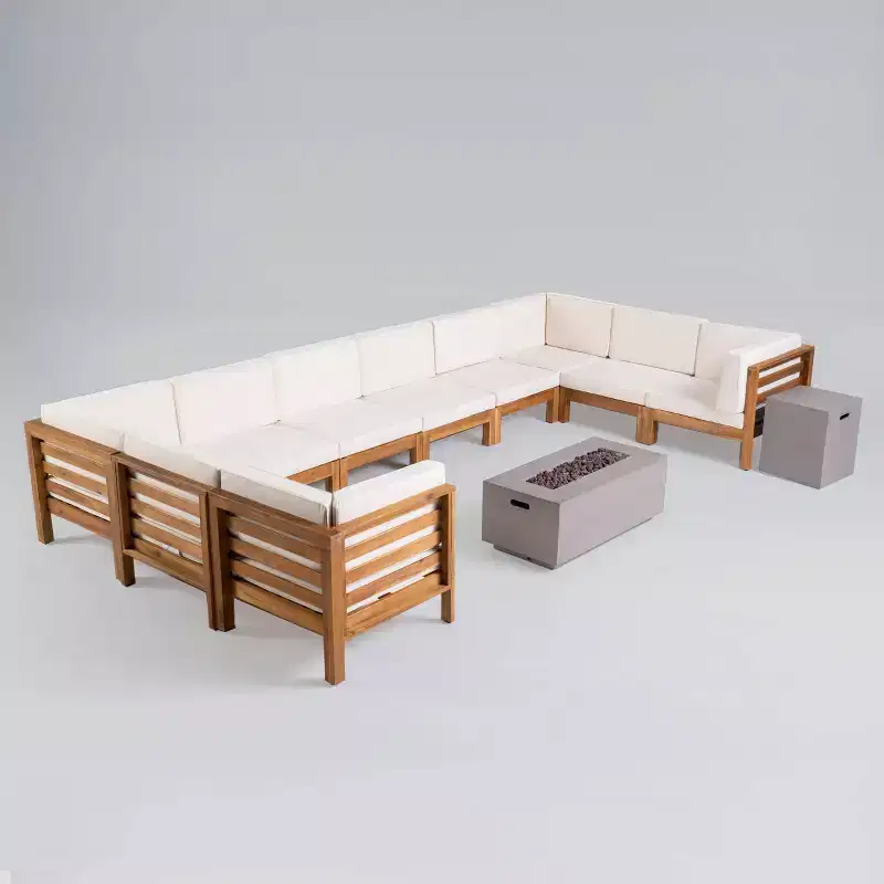 Oana 12pc Acacia U-Shaped Sectional Sofa Set with Fire Pit - Teak/Beige and Light Gray - Christopher Knight Home