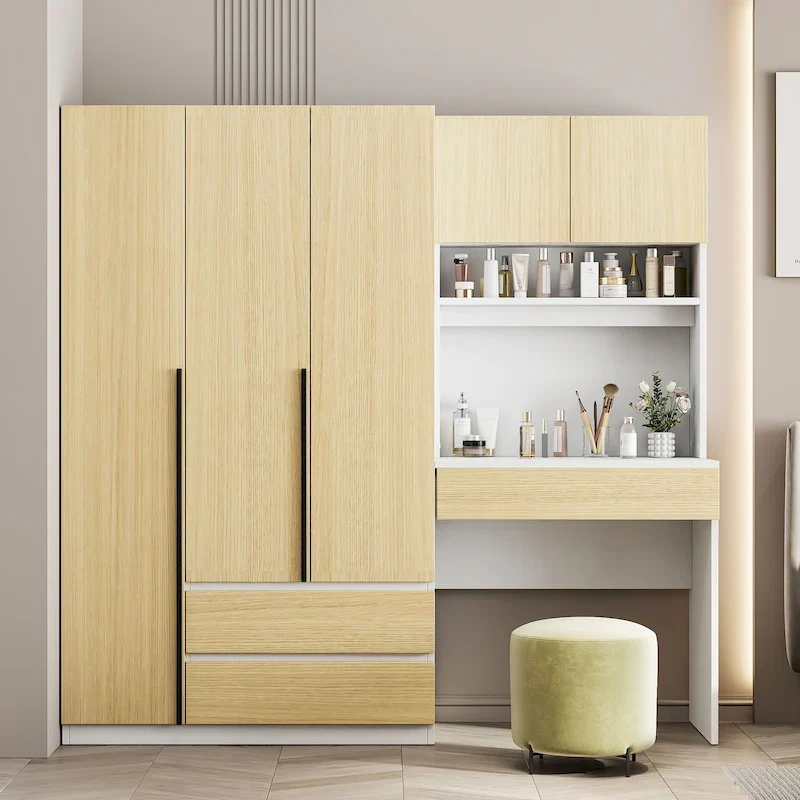 3-Door Wooden Storage Desk Wardrobe for Bedroom with Shelves and 3 Drawers