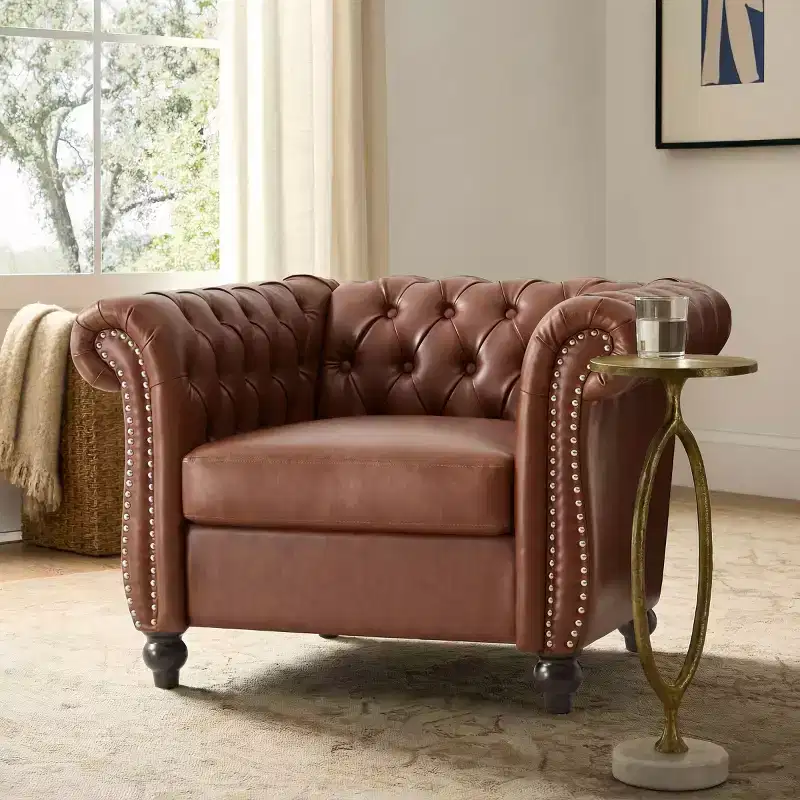 Vintage Chesterfield Accent Chair with PU Upholstery and Scrolled Arms, Solid Wood Legs, Single Seat Sofa for Living Room or Office-Panipeachy