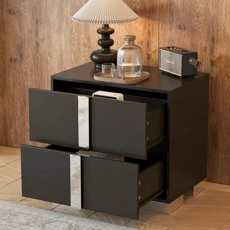 Elegant Nightstand, Mirrored Bedside Table with 2 Drawers, Metal Foot