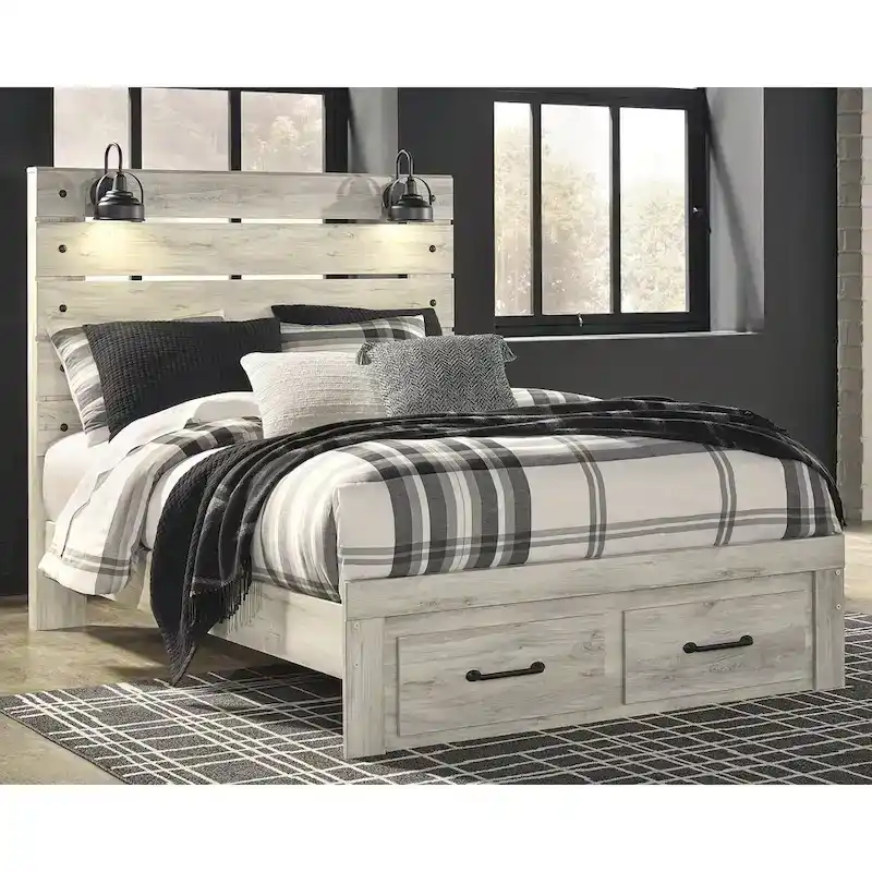 Cambeck Whitewashed Panel Bed w/ 2 Footboard Storage Drawers
