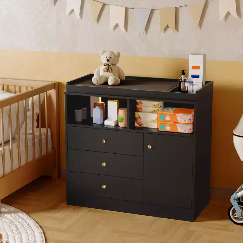 White Nursery Dresser with Changing Top Tall Wooden Diaper Station with 3 Drawers & 2 Shelves for Kids Room (1-Piece)