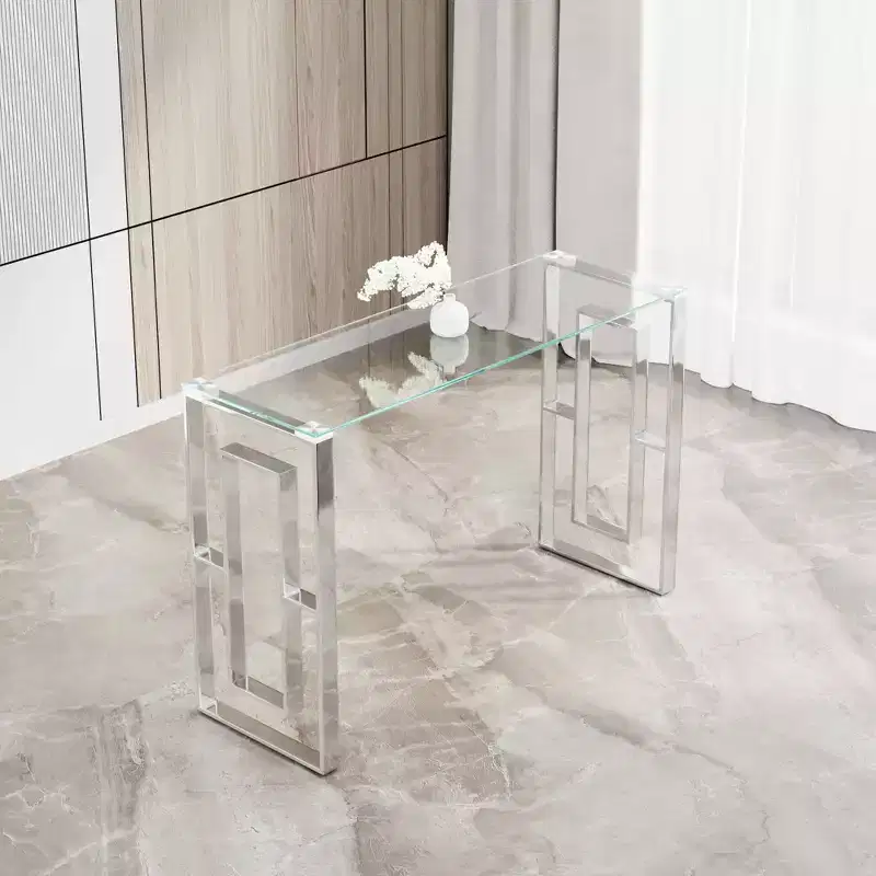MAYEERTY Modern Console Table, Transparent Glass Table with Stainless Steel Legs for Living Room Office Silver