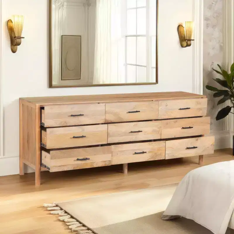 Geti 84 Inch Wide Dresser, 9 Spacious Drawers, Handcrafted Natural Oak White Mango Wood