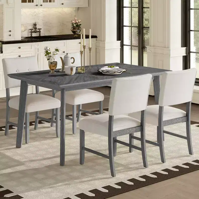 5 Piece Dining Table Set, Rustic Farmhouse Kitchen Table & 4 Upholstered Chairs - ModernLuxe