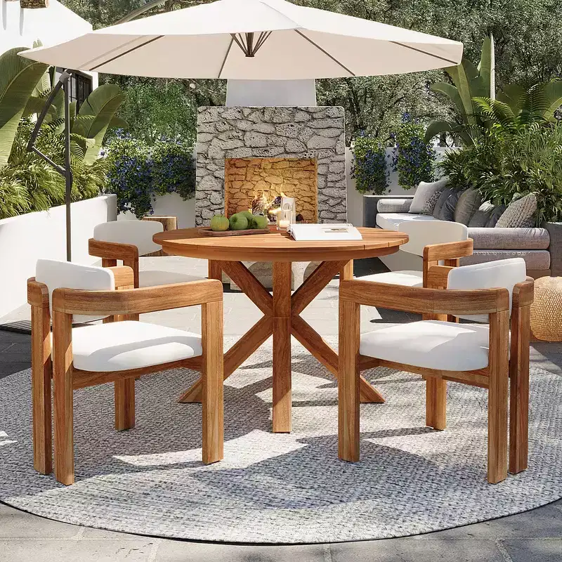 Whisen 5-Piece Outdoor Round Dining Set for 4, Patio Table And Chairs Set, Modern Garden Conversation Set, 1 Dining Table & 4 Barrel Chairs