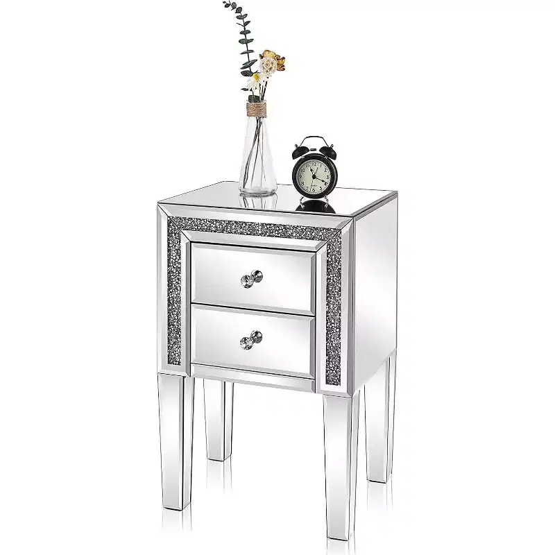 VINGLI Mirror Nightstand with Drawer, Silver Mirrored Glass End Table, Crushed Diamond Glitter