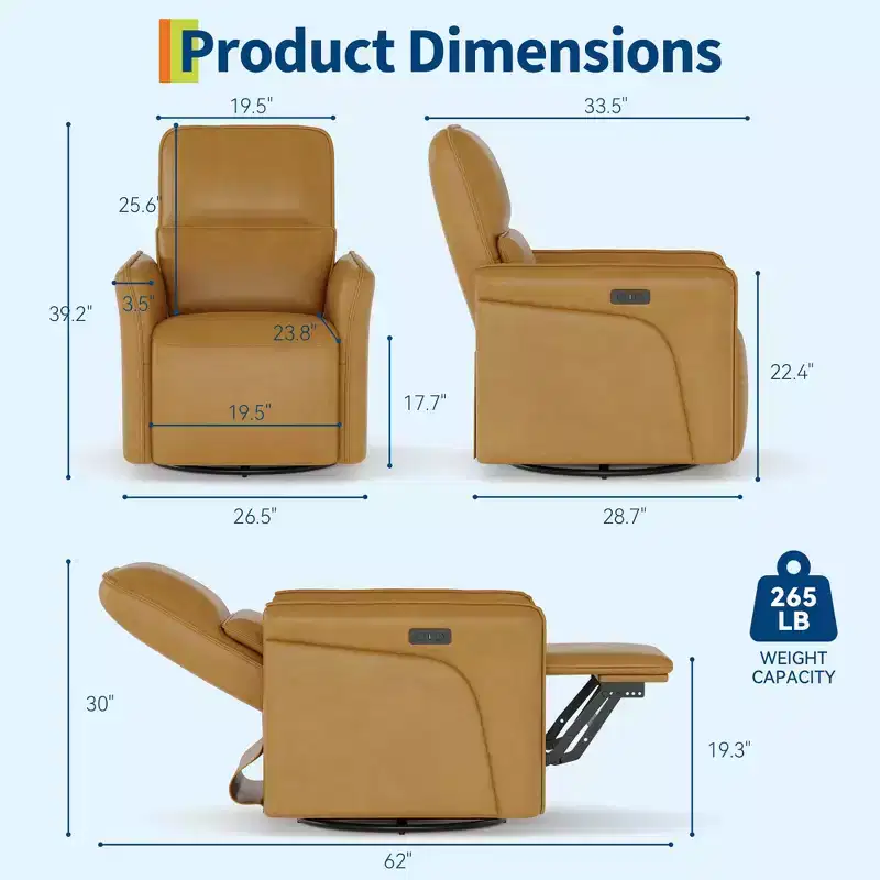 Power Recliner Single Sofa Chair  360 Swivel Rocker Glider, Massage Function, Adjustable Lumbar Support, USB Charging, Faux Leather  Deep Seat