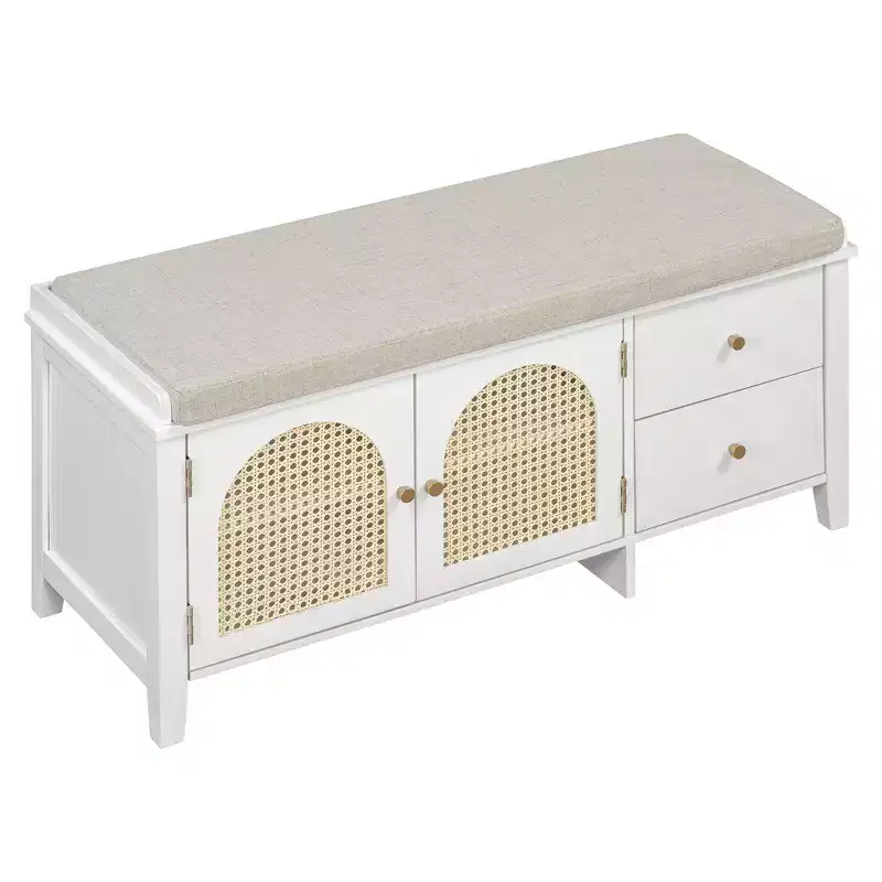 TUYOHW Shoe Storage Bench, Vintage Shoe Bench with Storage and Cushion, Shoe Bench with 2 Drawers and 2 Rattan Door for Entryway, White