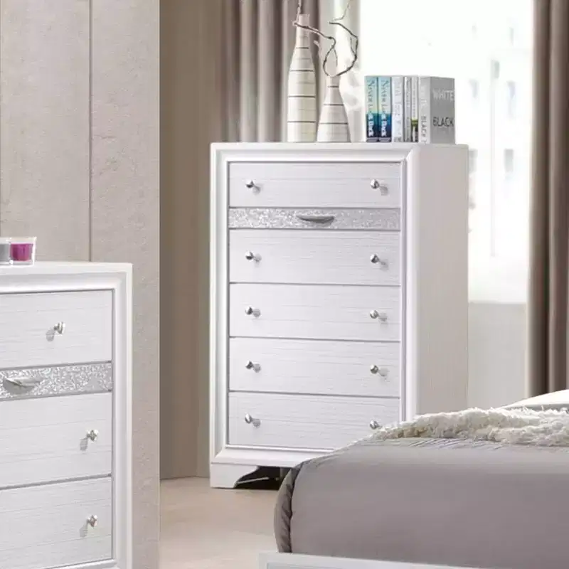 Acme Furniture 34" Naima Chest White: 5-Drawer Wood Vertical Dresser, Metal Glides, No Assembly Required