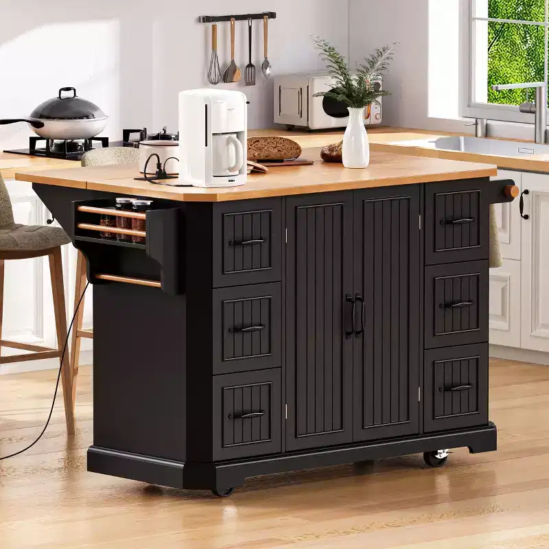 Rubber Wood Kitchen Island with Drop Leaf & Power Outlet, Rolling Kitchen Cart with Wheels & Drawers, Storage Cabinet Folding Dining Table