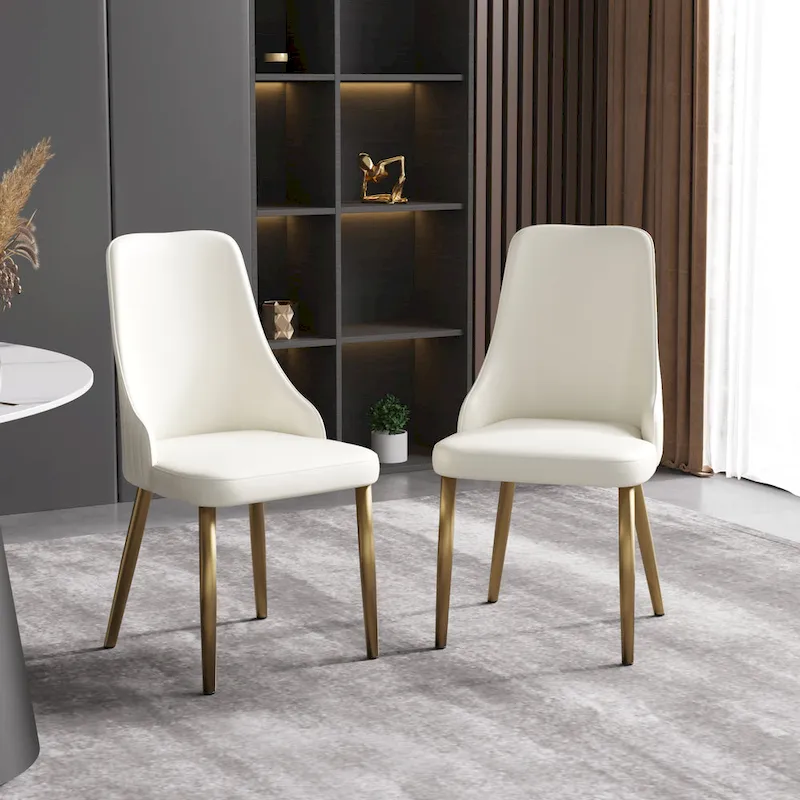 White & Gold High-Back Dining Chair, PU Leather, Set of 2