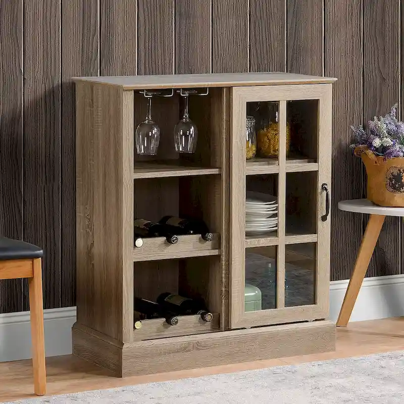 HOMCOM Sideboard with Sliding Glass Door, Bar Cabinet, Buffet Cabinet with 6-bottle Wine Rack and Stemware Racks, Brown