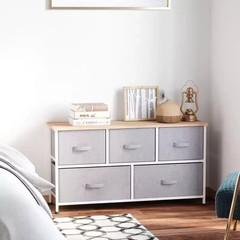 Dresser for Bedroom with 9 Drawers, Storage Chest of Drawers with Easy Pull Fabric Bins, Wood Top Steel Frame for Closet Laundry Entryway